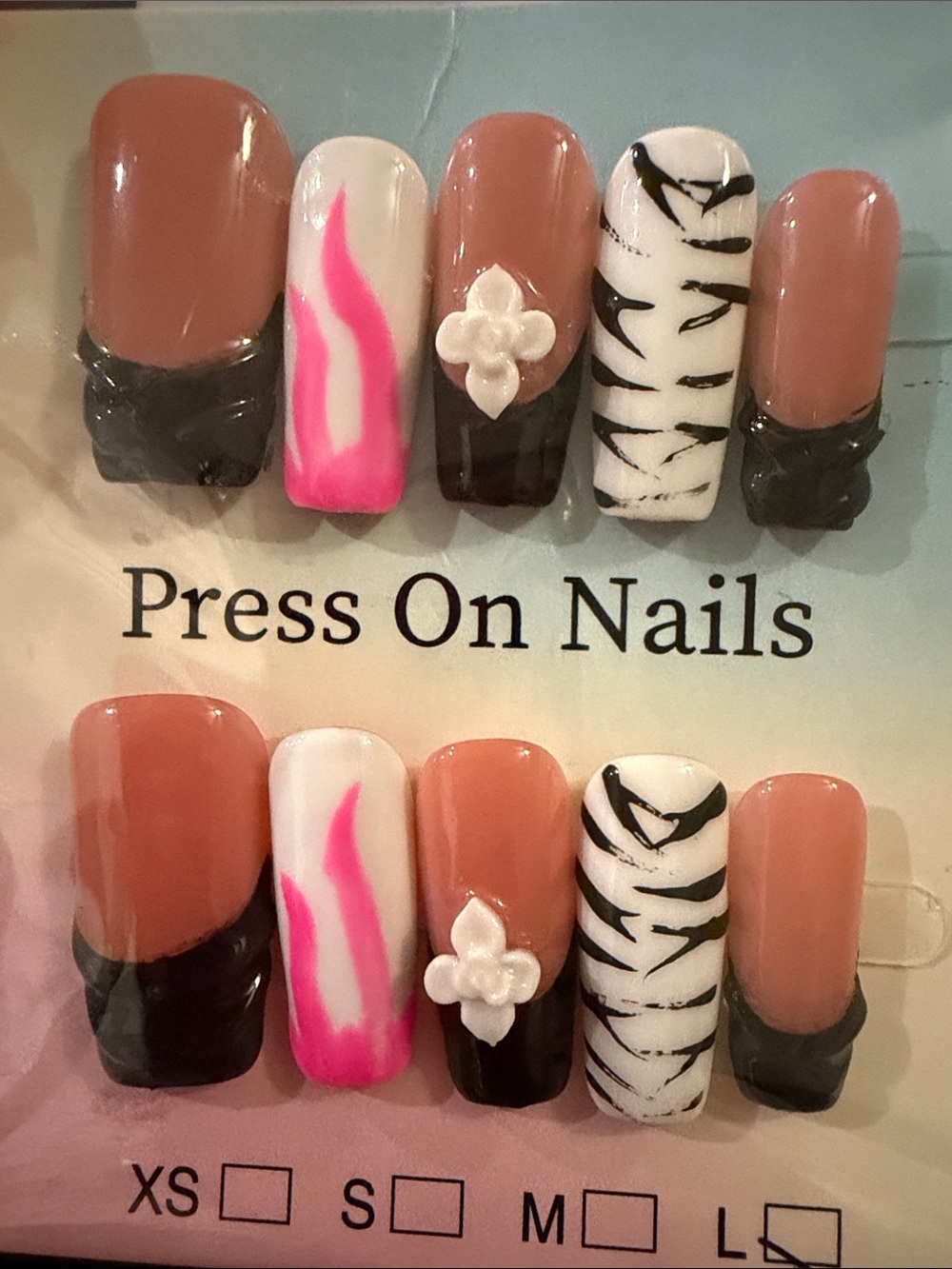 Pink & Black handmade acrylic Press-On Nail Set with Zebra Accent